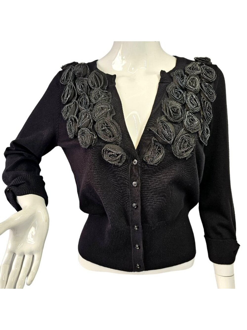 Cyrus Black 3D Rosette Cardigan Sweater Womens Sz M Viscose Floral Applique Y2K